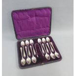 Victorian cased set of twelve silver teaspoons and matching sugar tongs, Henry Wilkinson & Co,