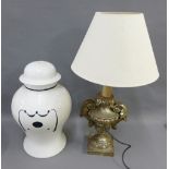 Giltwood table lamp base and white glazed jar / lamp base, (2)