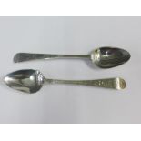 Pair of Georgian silver teaspoons with bright cut decoration and initials to the terminal, (2)