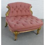 A pink buttonback upholstered bedroom chair with giltwood frame, 73 x 90cm