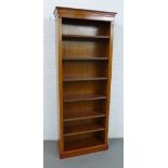 Yewwood open bookcase of tall proportions, 230 x 92cm