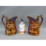 A pair of copper lustre jugs and a Welsh lady figurine, (3)