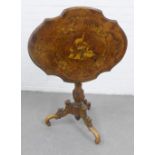 19th century Swiss walnut and marquetry tilt top table, the oval top inlaid with chamois and