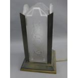 Art Deco style brass and glass table lamp, the frosted panels moulded with geometric motifs,