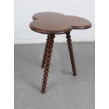 Mahogany cricket table with trefoil clover top and bobbin turned legs, 64 x 56cm