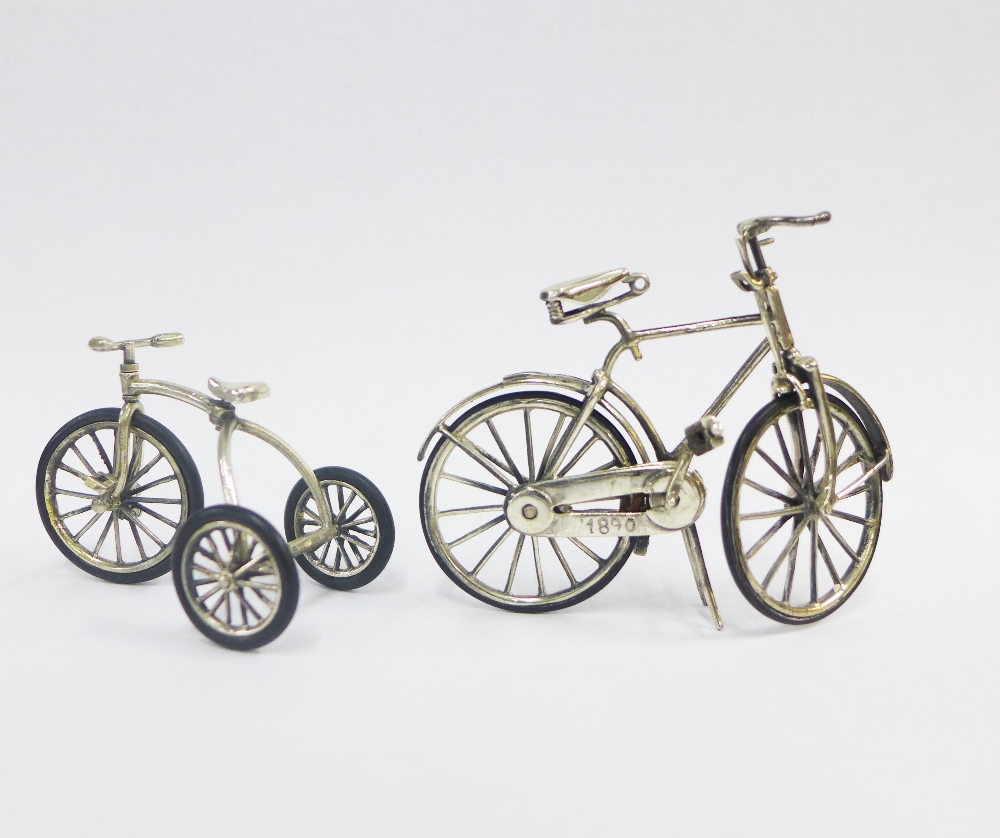 Miniature silver bicycle together with a silver tricycle, both stamped 925, tallest 6cm (2) - Image 2 of 2