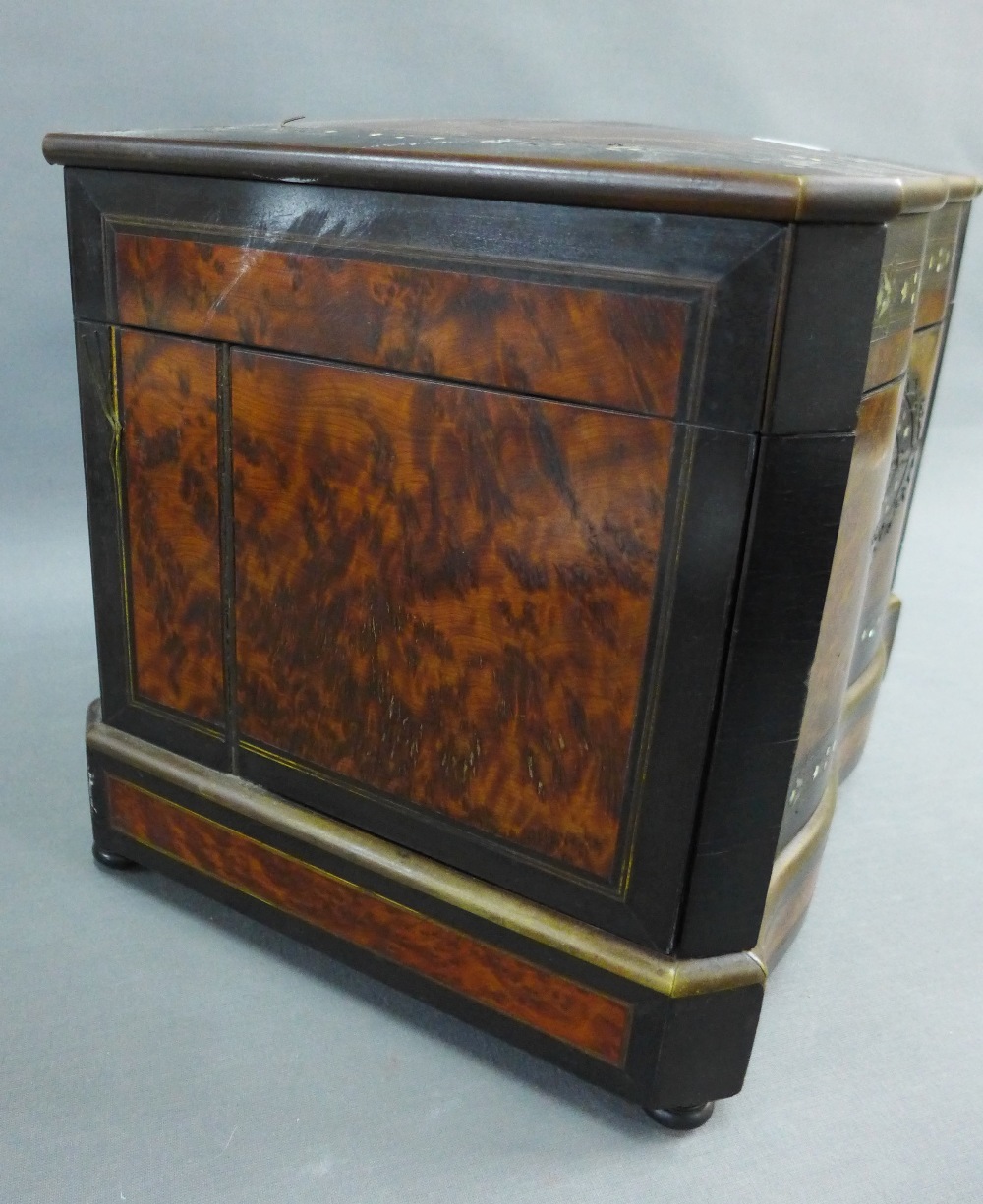 19th century burr walnut, brass and abalone inlaid decanter box, with a hinged top and fold out - Image 3 of 4