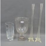 Large glass vase / goblet, pair of glass lily vases and a contemporary clear glass vase, tallest
