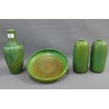 A collection of Pilkingtons Royal Lancastrian green glazed pottery to include a pair of vases,