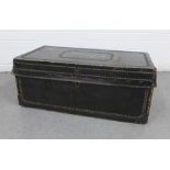 Black leather covered trunk with stud work borders, with painted name 'Mr Campbell No2' 78 x 39cm