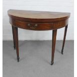 19th century Mahogany and inlaid fold over demi lune table, with a single frieze drawer and square