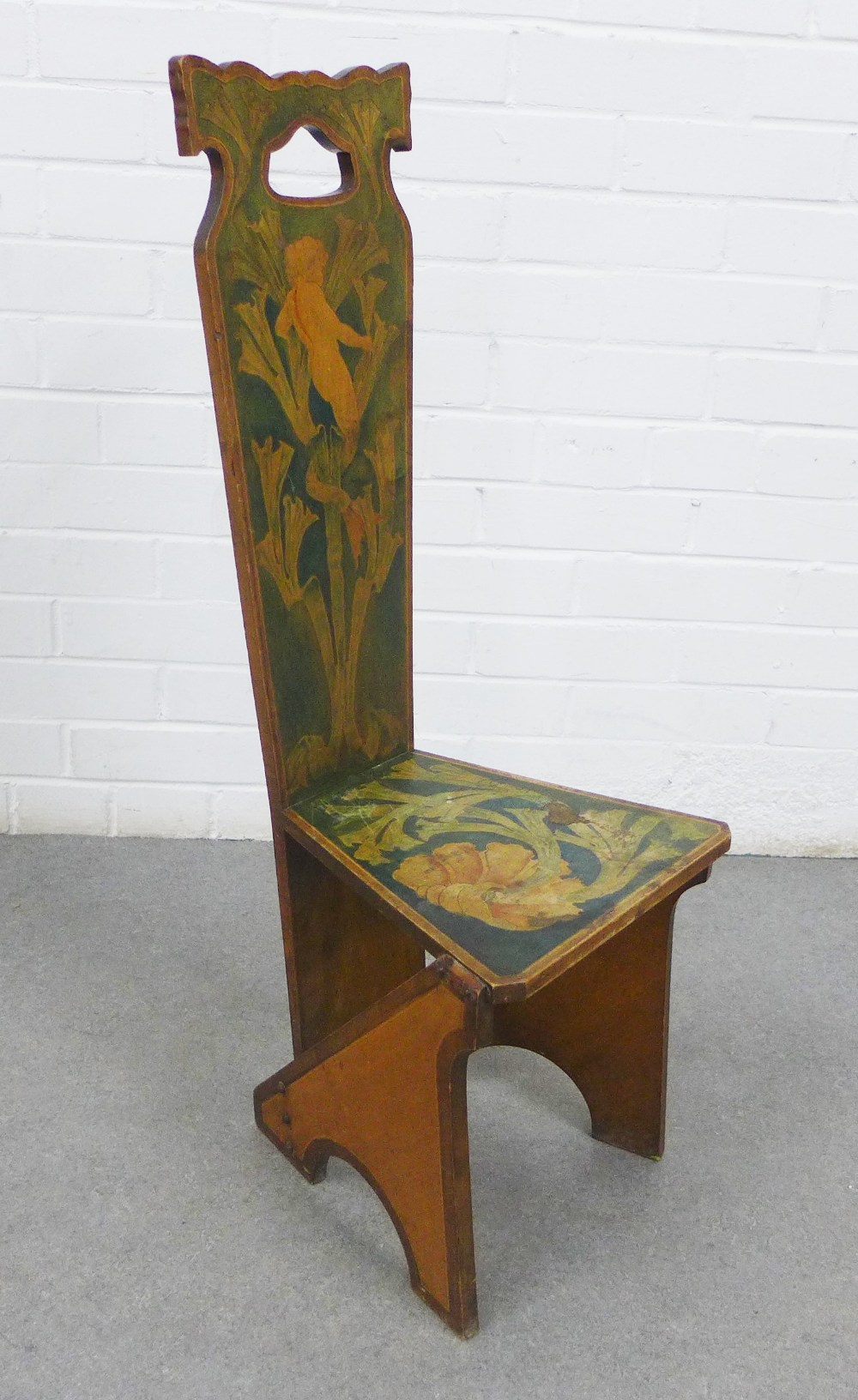 Glasgow style penwork Mermaid pattern chair, with sloped back and shaped supports, 86 x 31cm