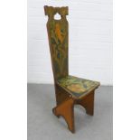 Glasgow style penwork Mermaid pattern chair, with sloped back and shaped supports, 86 x 31cm