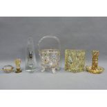 A collection of Bohemian and Venetian style glass to include a vase with Parrot pattern, obelisk,