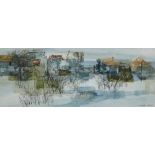 F. Donald Blake, Village in Winter, Mixed Media on Paper, signed, framed under glass 18 x 46cm