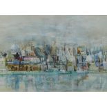 John Uht, City Scape, watercolour, singed and dated '72, framed under glass with a Furneaux