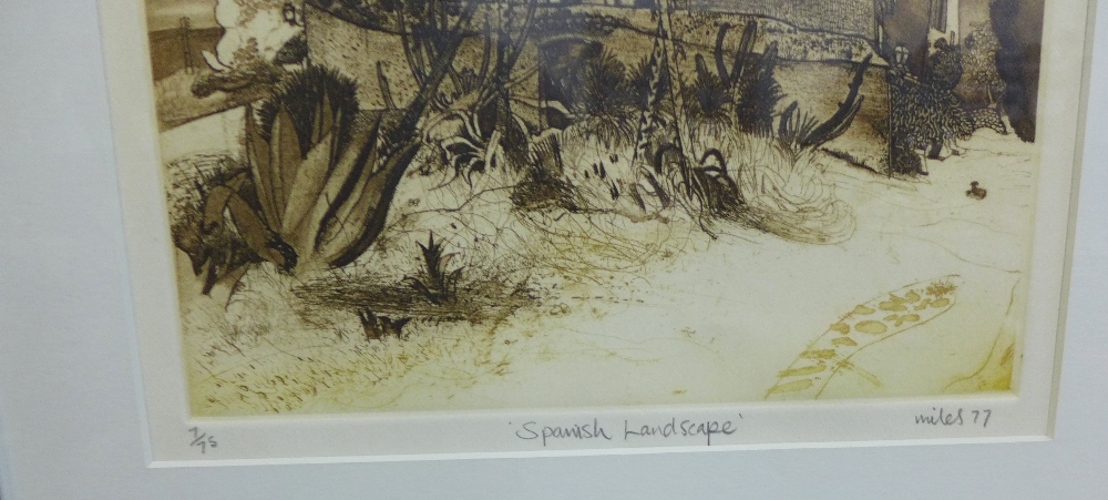 Miles, Spanish Landscape, Screen print 7/75, signed and dated '77, framed under glass, 32 x 32cm - Image 3 of 3