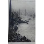 W.L Wyllie RA, (1851 - 1931) Down Stream From London Bridge, Drypoint etching, signed in pencil,
