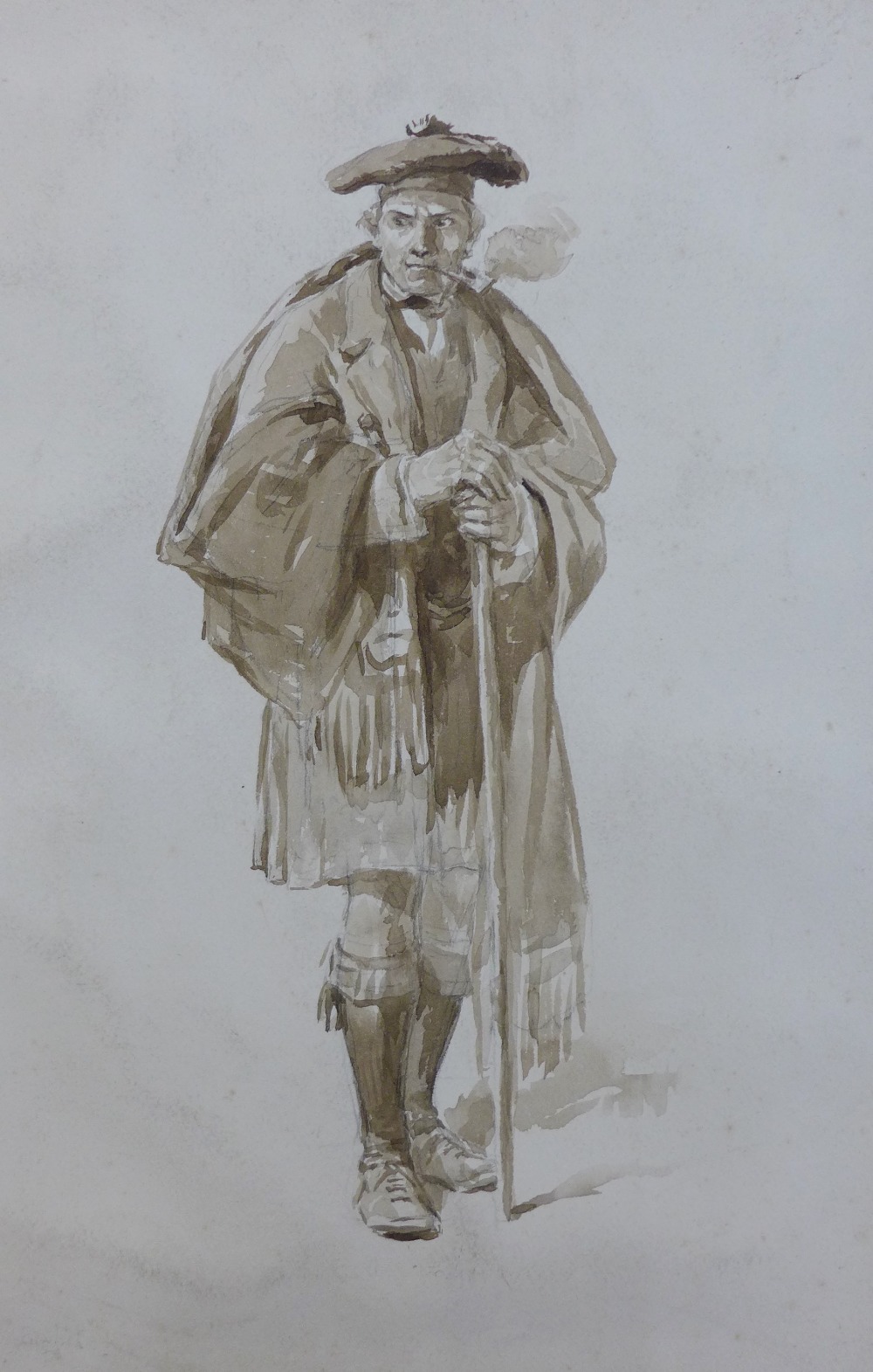 'No English' Ink wash of a Highlander - perhaps an illustration or figure study, in a mount but