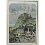 Edinburgh Castle, from the Corn Exchange, in the Grassmarket, 19th century coloured woodcut with