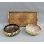 Indian inlaid wooden tray, 55 x 29cm, together with an Indian soapstone bowl and a lacquered