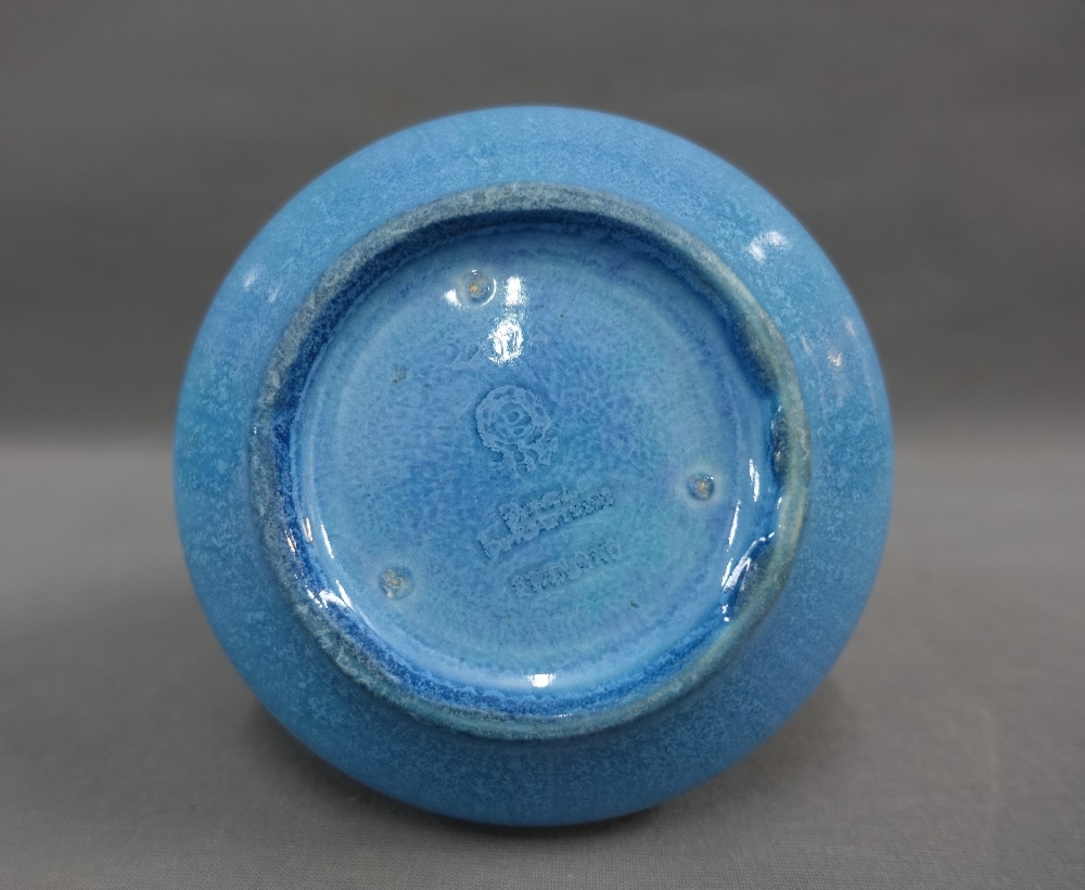 Pilkingtons Royal Lancastrian, pale blue glazed garlic mouth vase, impressed factory backstamps, - Image 3 of 3