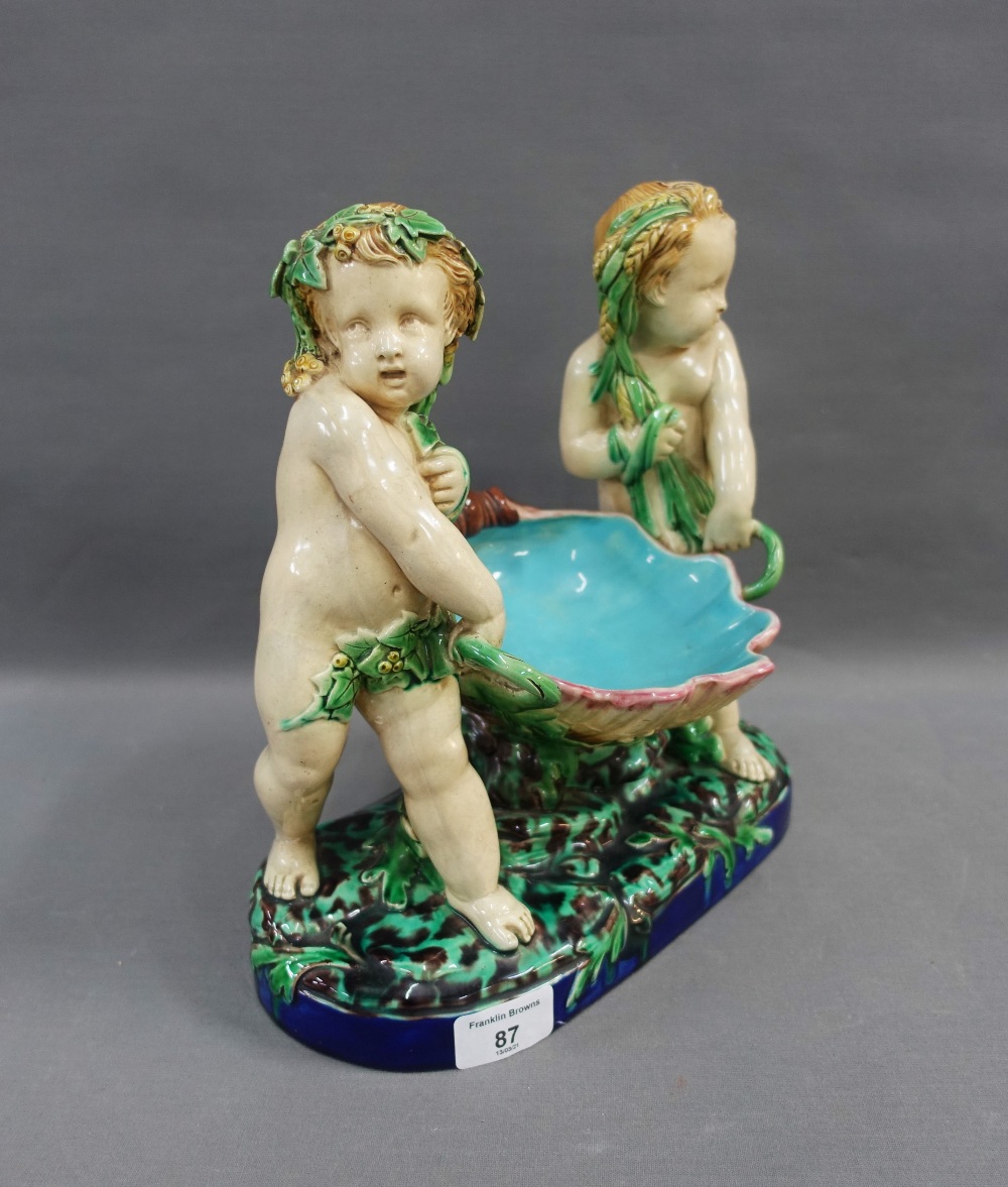 19th century Minton Majolica comport with two putti representing the Seasons, date code for 1865, - Image 3 of 5