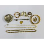 Costume jewellery, a gold plated bangle, Epns salt and pickle fork, faux pearls etc, (a lot)