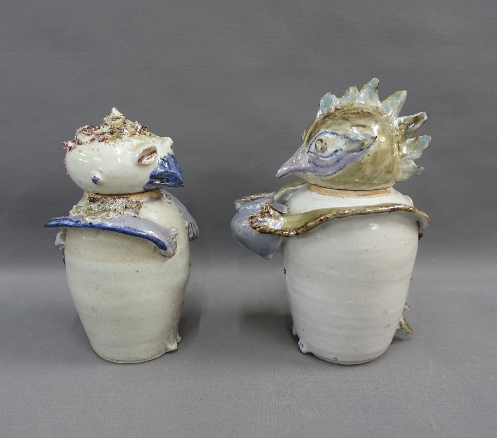 Francis (Fanny) Baird Lichtfeld pair of studio pottery owl jugs, with detachable covers, signed, - Image 4 of 4