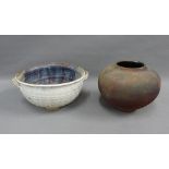 Lead fired earthenware pot and a studio pottery colander type bowl, (2)