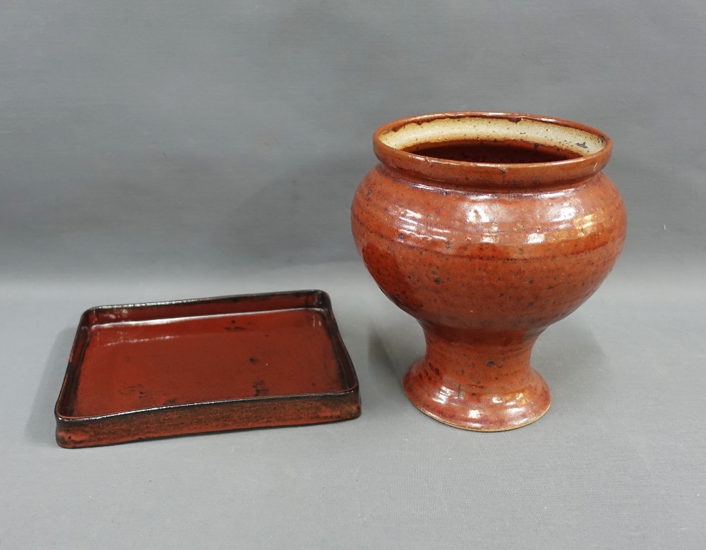 Studio pottery vase, 19cm high, and rectangular dish, (2)