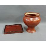 Studio pottery vase, 19cm high, and rectangular dish, (2)