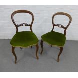 Pair of mahogany framed side chairs with green upholstered seats, cabriole legs, (2) 86 x 45cm