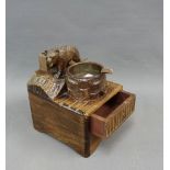 Black Forest style carved wooden Bear cigarette box and ashtray, 16cm high