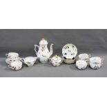 Herend coffee set with handpainted flower and insect pattern, comprising eight cups, eight