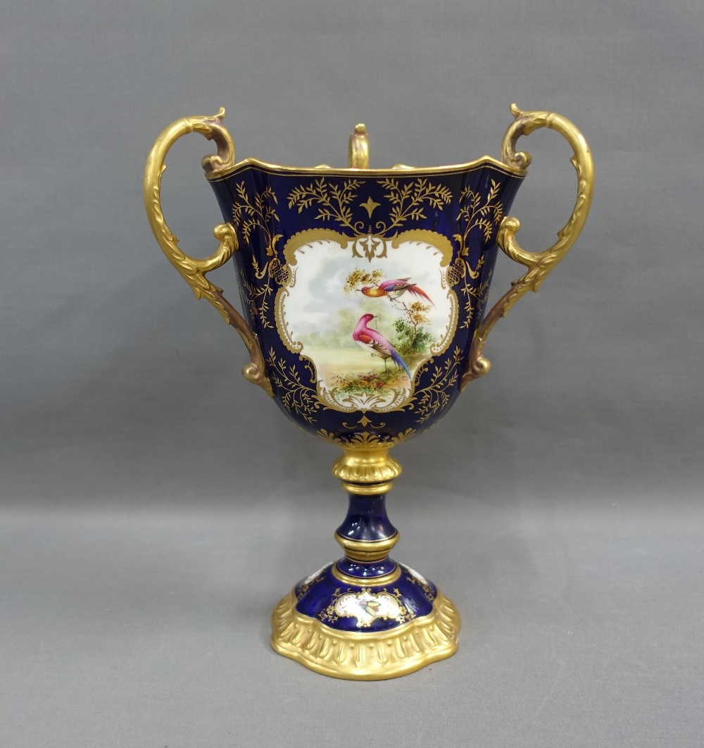 Coalport porcelain vase, with three gilt loop handles and handpainted bird pattern panels to a