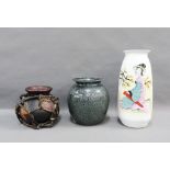 White glazed Chinese vase with calligraphy and girl pattern, 33cm high, together with two other