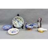 Collection of pottery and glass birds together with a plate and two Eastern style pottery bowls, (6)