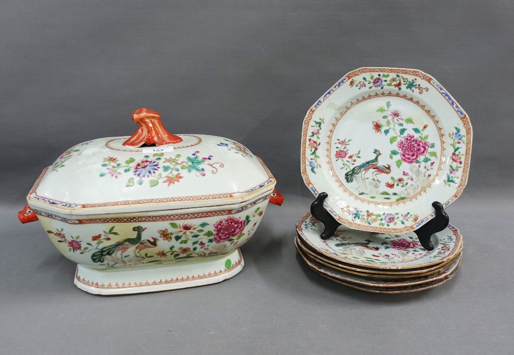 Chinese Export famille rose tureen and cover together with a set of six octagonal plates, all