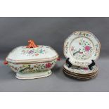 Chinese Export famille rose tureen and cover together with a set of six octagonal plates, all
