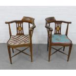 Two Edwardian mahogany and inlaid corner chairs with upholstered seats, 76 x 67cm (2)