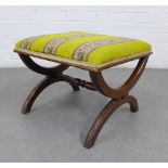 Mahogany x frame stool united by a baluster turned stretcher with yellow upholstered seat, 46 x 46cm