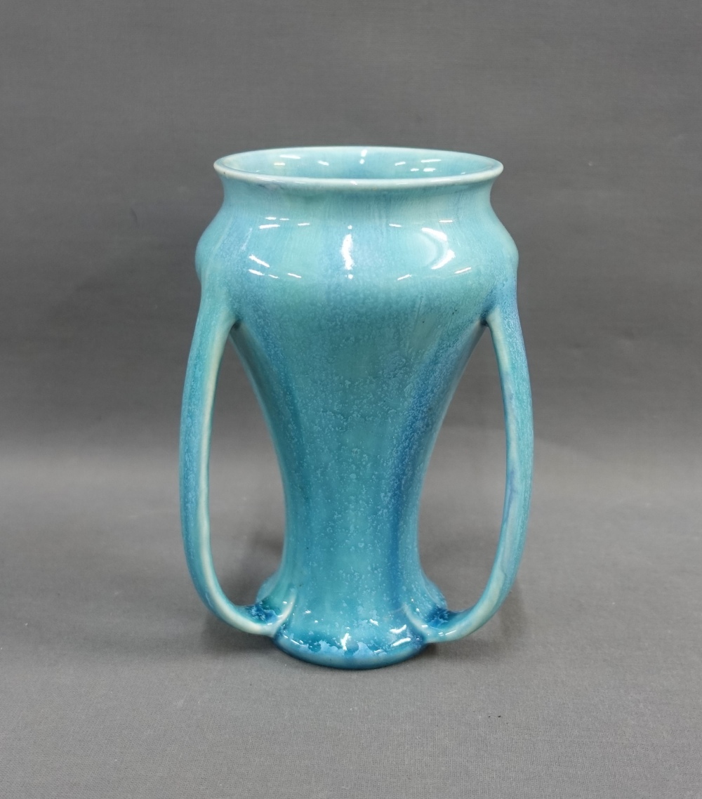 Pilkingtons Royal Lancastrian blue glazed vase, with three Art Nouveau looping handles, 18cm high