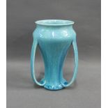 Pilkingtons Royal Lancastrian blue glazed vase, with three Art Nouveau looping handles, 18cm high