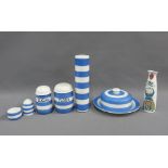 T&G Green blue and white Cornish Ware to include a muffin dish and cover, rolling pin, Sugar & Flour