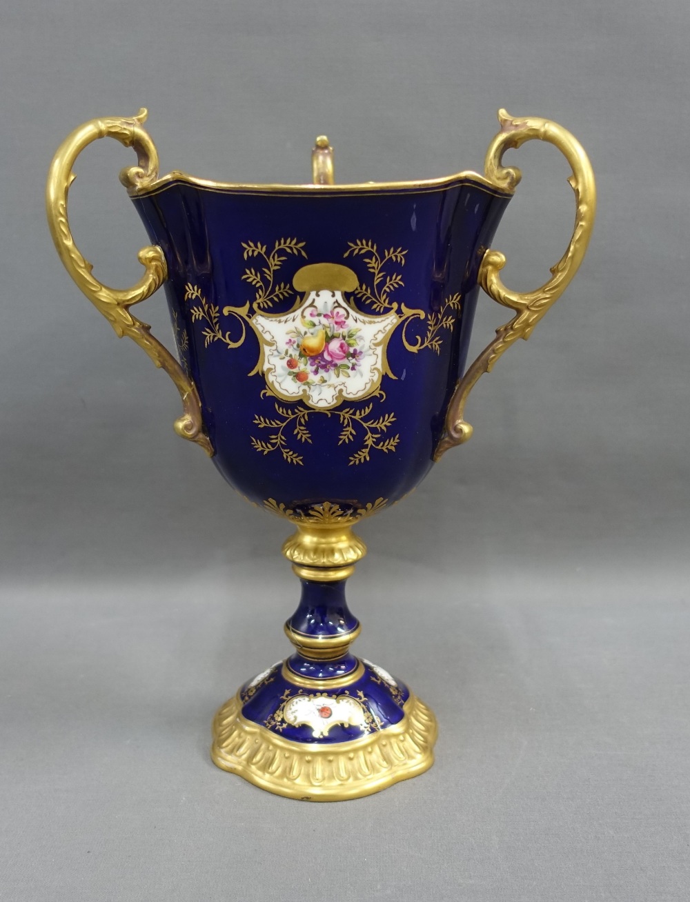 Coalport porcelain vase, with three gilt loop handles and handpainted bird pattern panels to a - Image 3 of 8