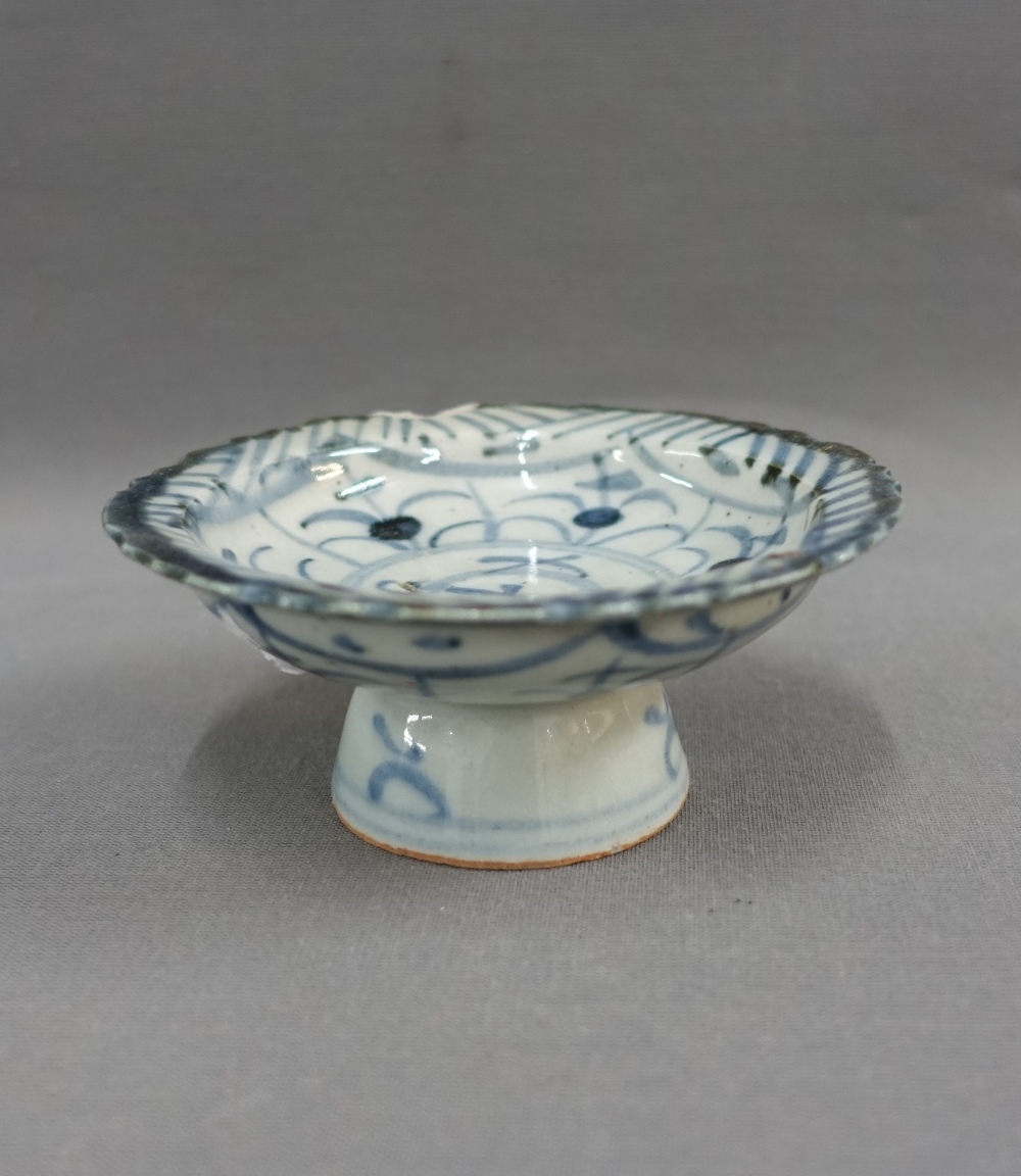 Chinese provincial blue and white pottery stem cup, (a.f) 5 x 12cm