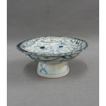 Chinese provincial blue and white pottery stem cup, (a.f) 5 x 12cm