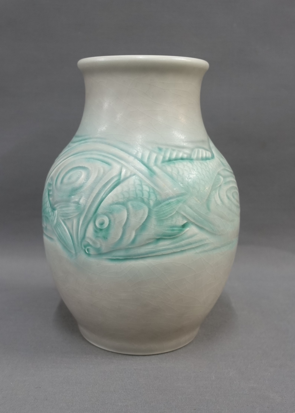 William Mycock Smith for Pilkingtons Royal Lancastrian vase with incised fish pattern, factory