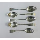 Irish silver fiddle pattern spoon, John Smyth, Dublin 1859 and a set of four early 19th century